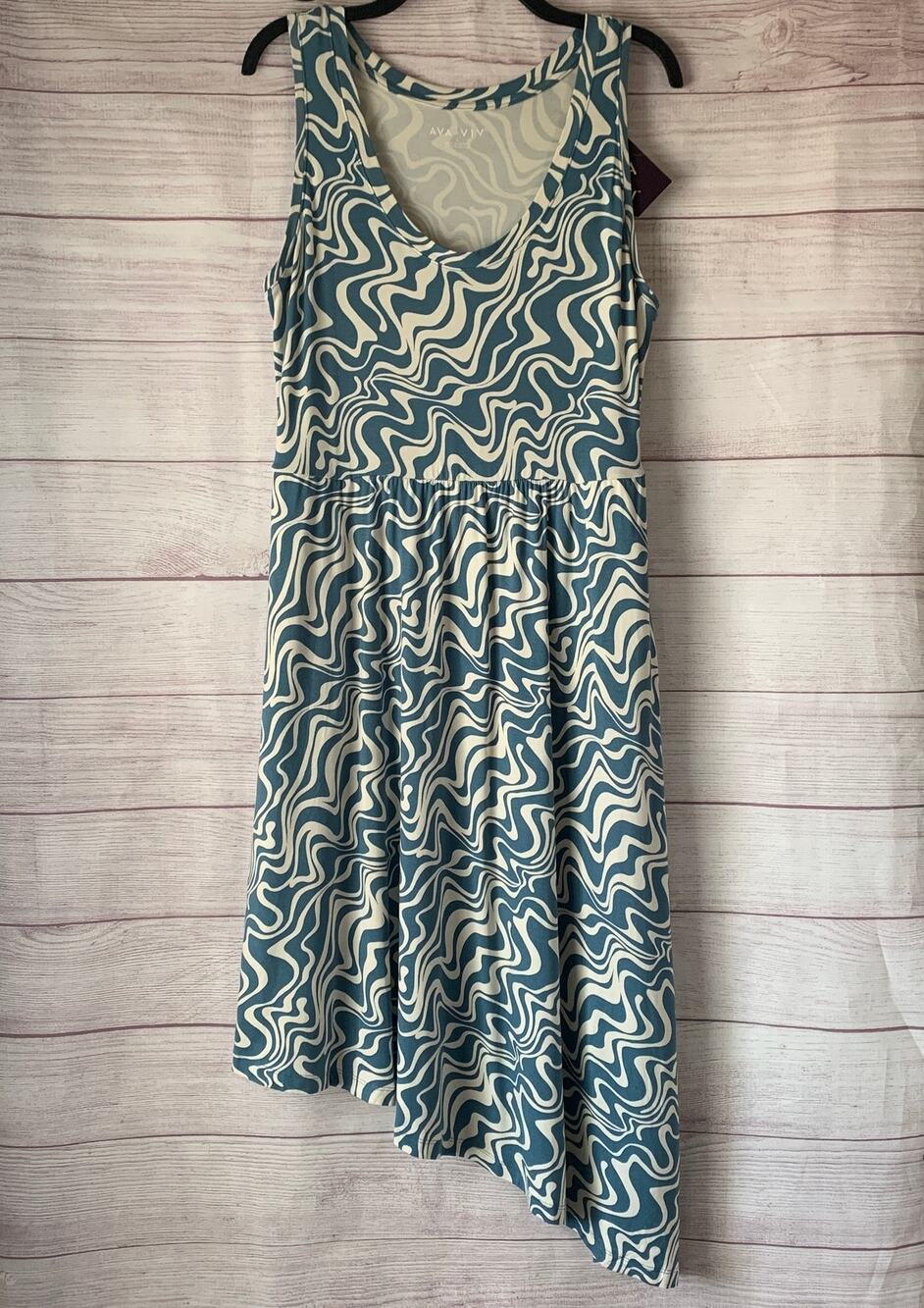 Ava & Viv Blue and Cream Swirl Dress Sleeveless Asymmetrical Hem Size X (14W)